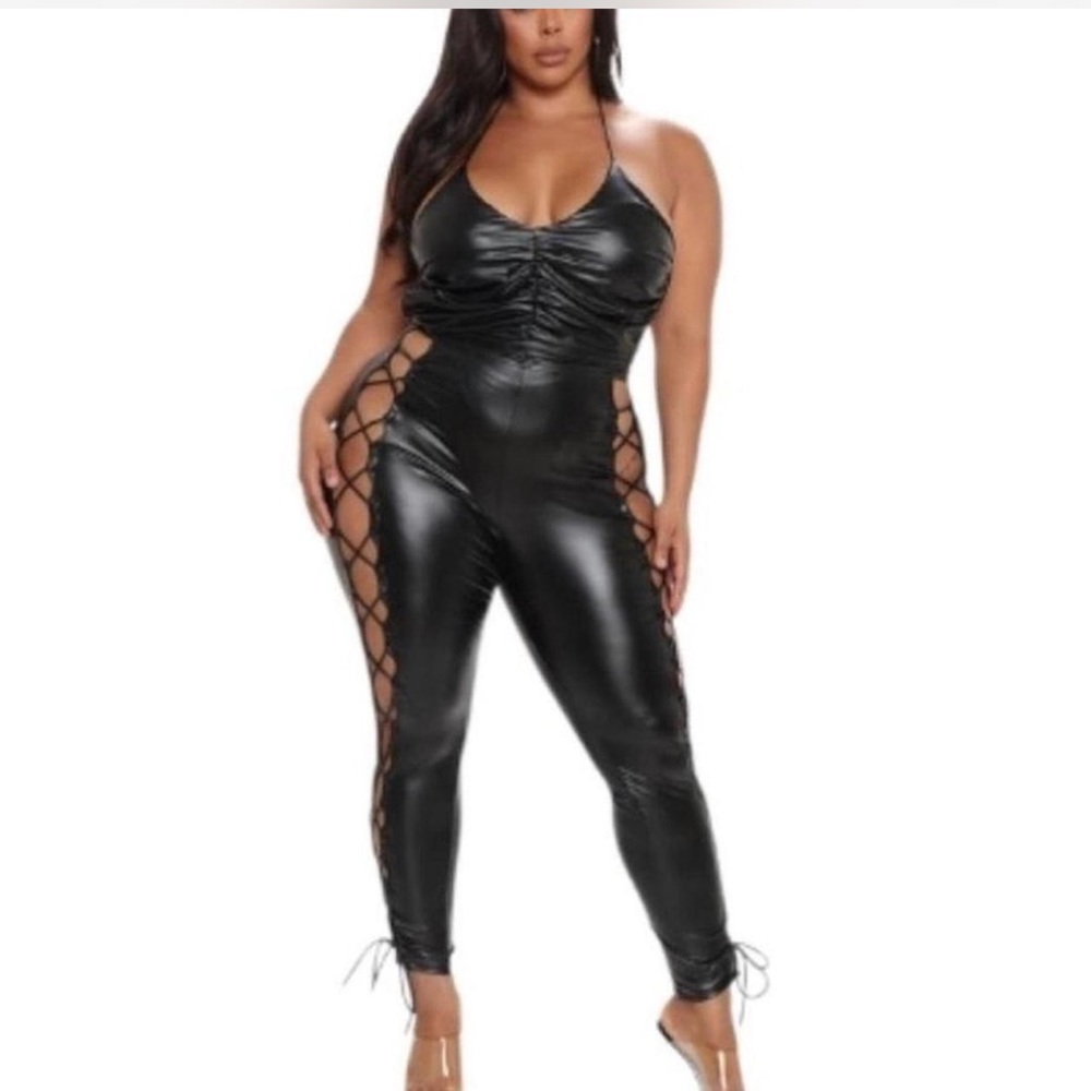 Fashion Nova Black Faux Leather Lace-Up Side Halter Jumpsuit